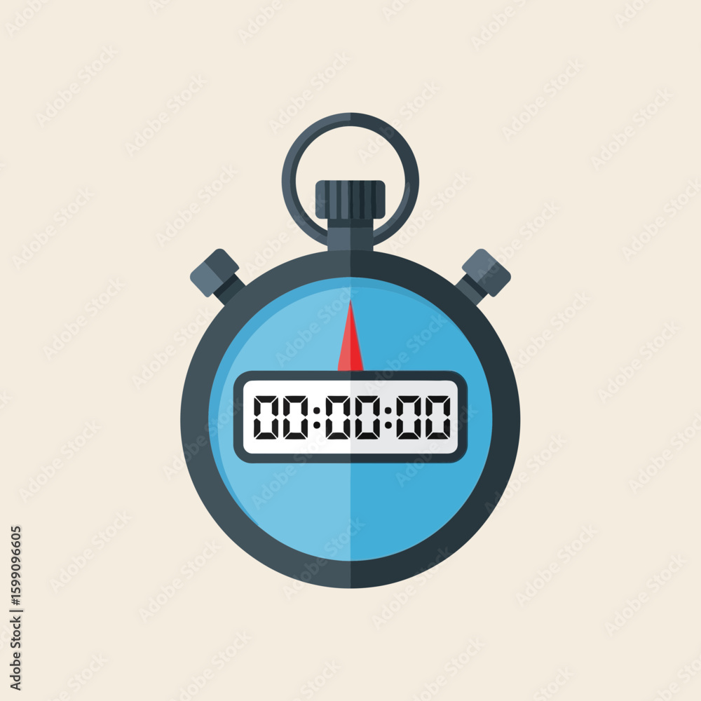 Poster a flat design illustration of a stopwatch with a digital display showing zero time.