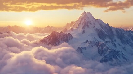 Snowy Mountain Peak Rising Above Clouds at Sunset in Golden Light