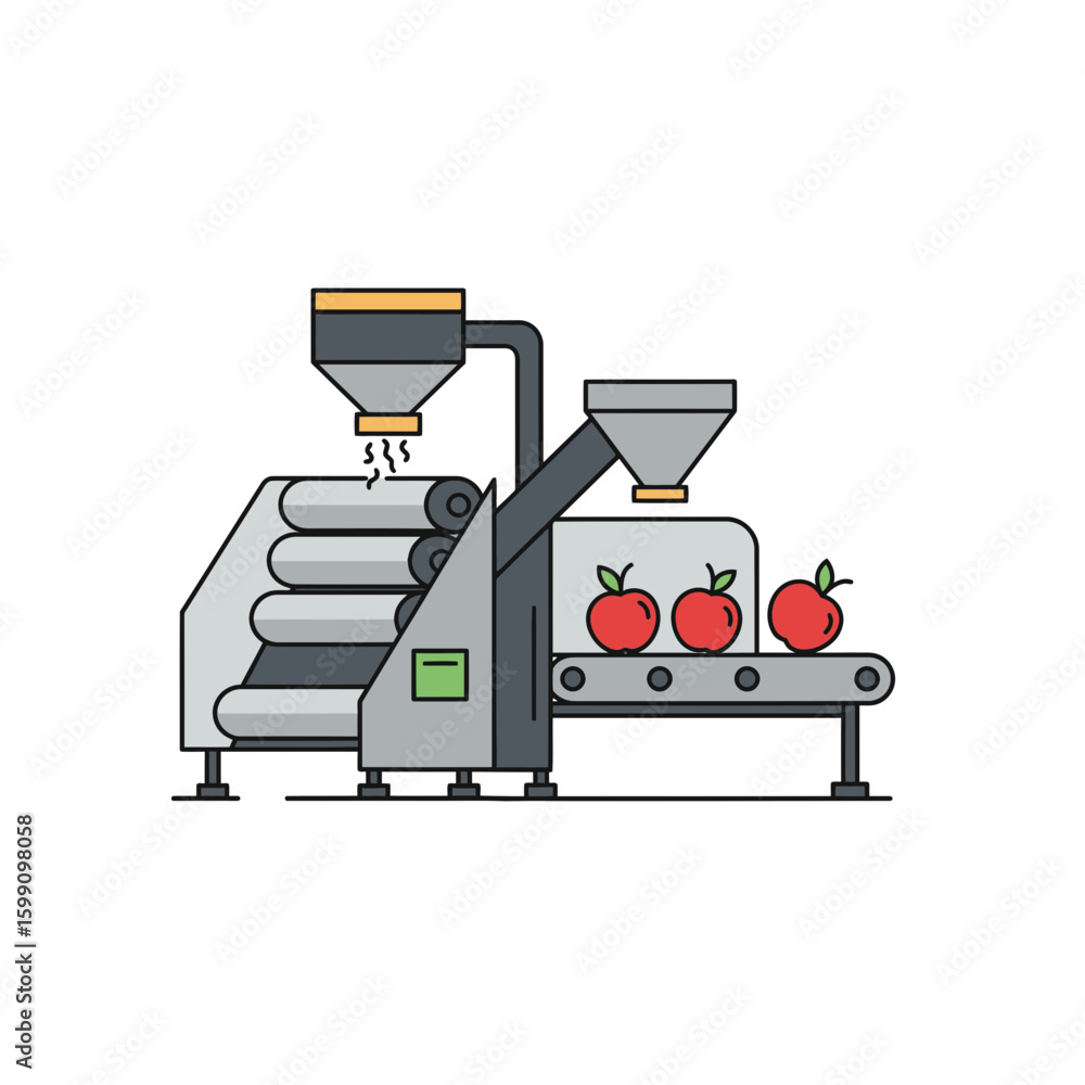 Poster automated machinery processing red fruit on a conveyor belt in a factory setting.