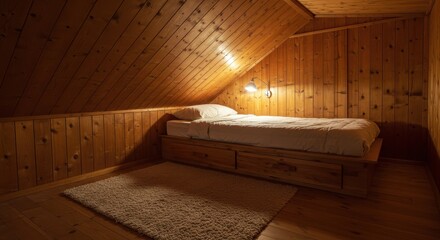 Cozy wooden attic bedroom with slanted ceiling, warm lighting, and minimalist design for a serene retreat experience
