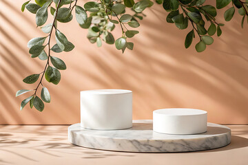 Two white cosmetic product containers on a marble pedestal with green leaves and dappled sunlight