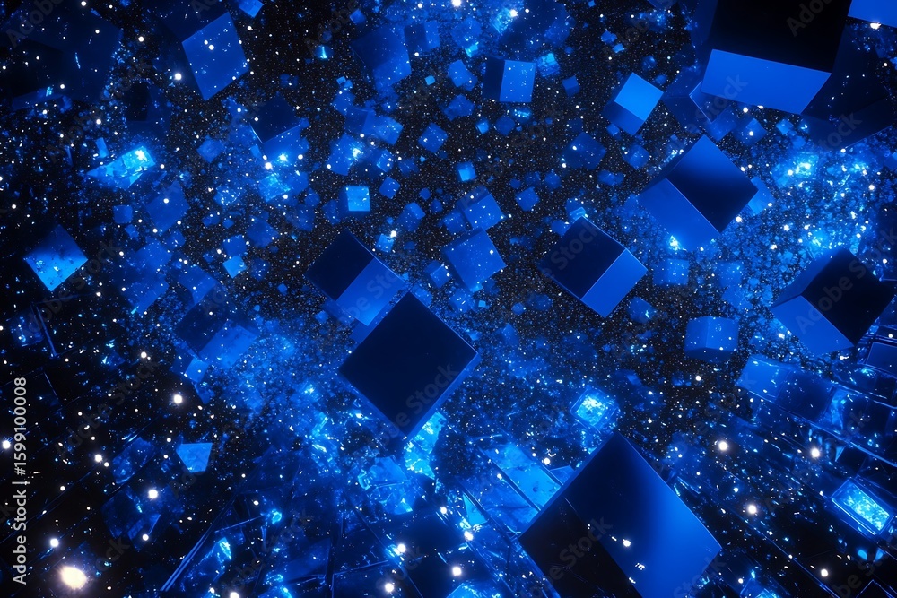 Fototapete floating blue cubes and sparkling particles create a futuristic abstract design