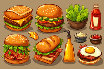 Delicious Hand-Drawn Fast Food Vector Collection Featuring Burgers and Condiments