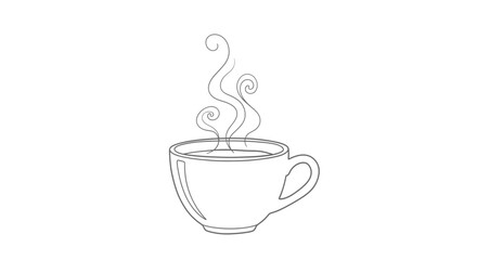 A simple line drawing depicts a steaming cup of coffee, with visible vapor rising.