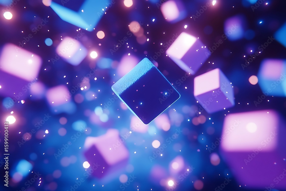 Poster floating cubes with neon lights create a modern abstract design