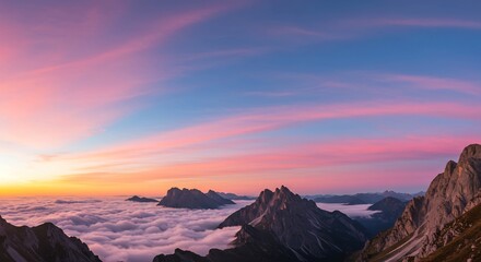 Fototapeta premium Majestic Mountain Peaks Above Sea of Clouds at Sunset