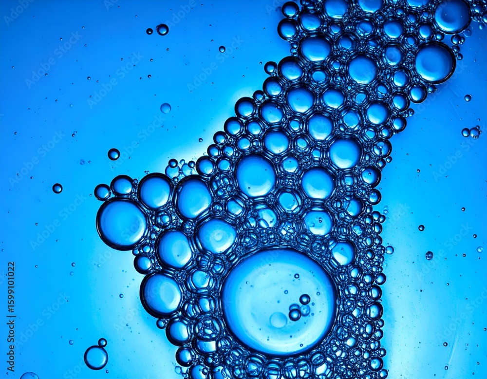 Poster mesmerizing blue liquid abstract with spherical bubbles of various sizes. dynamic fluid surface text