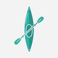 Teal kayak and paddle graphic illustration on a white background. Simple vector design.