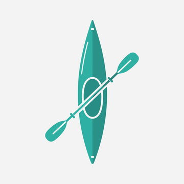 Teal kayak and paddle graphic illustration on a white background. Simple vector design.