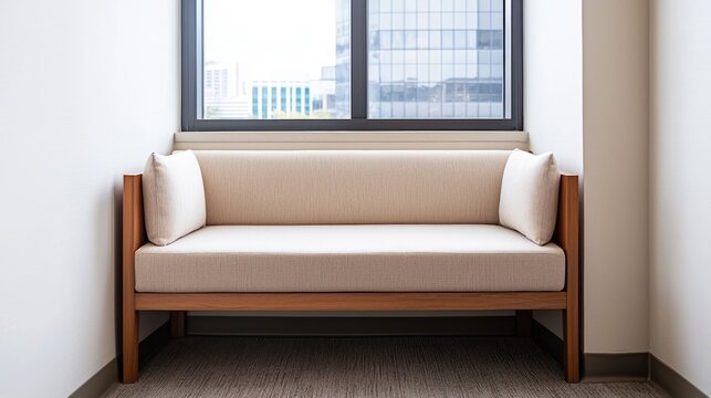 Cozy reading nook in a modern minimalist corporate library with large windows