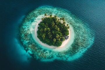 Aerial view of a tropical island with palm trees and turquoise waters, idyllic paradise