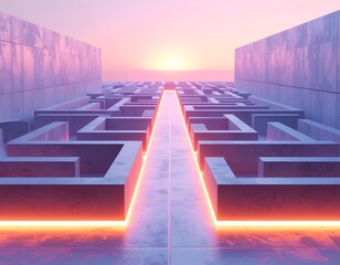A vibrant glowing path guides through a futuristic concrete maze under a breathtaking sunset or sunrise sky.