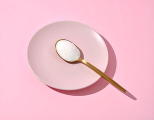 Golden spoon with white granules on a pink plate and background, minimal, top view. Concepts sugar, salt, sweetener, collagen, supplement, health, diet.