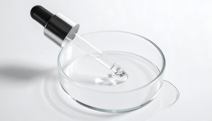 Pipette dispensing serum into a glass petri dish. Ideal for scientific research, cosmetic product development, laboratory, or skincare concepts.