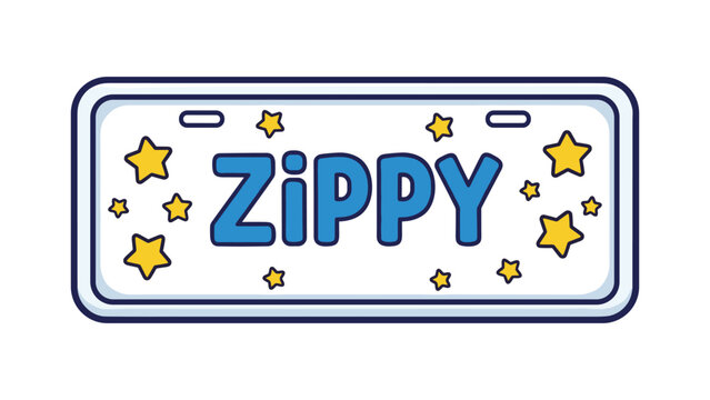 Cute Cartoon License Plate with Blue Zippy Text and Yellow Stars Illustration