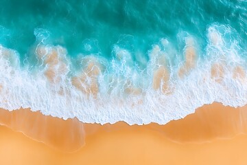 Aerial View of Ocean Waves Crashing on Sandy Beach with Turquoise Water