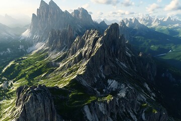 Majestic Mountain Peaks and Green Valley Aerial Landscape in Daylight
