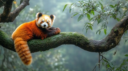 Red panda resting on a branch in a misty forest.