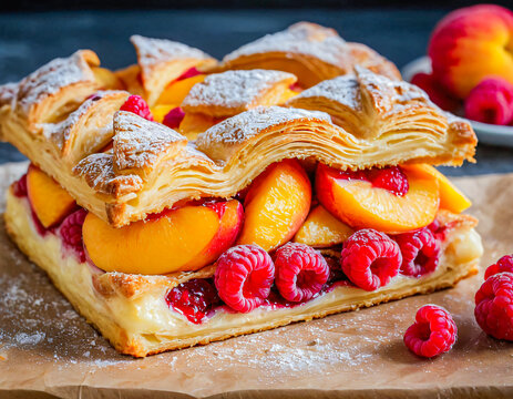 Peach and raspberry tart with powdered sugar on flaky layered puff pastry