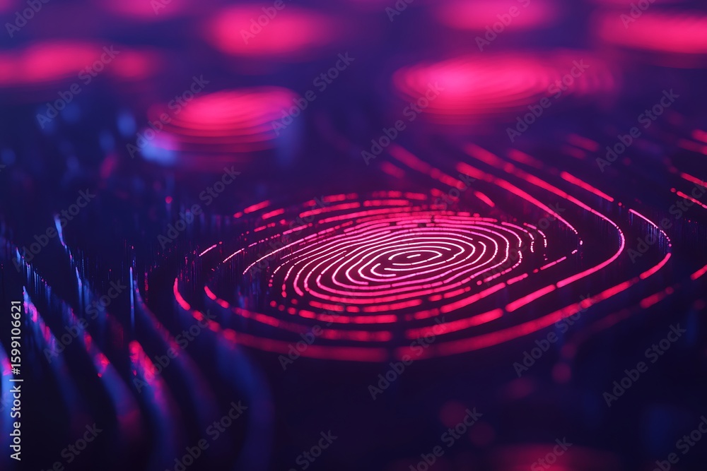 Poster biometric fingerprint scan technology with glowing red lines for security and access control