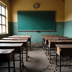 An abandoned classroom with empty desks and broken chalkboards, representing lack of access to education