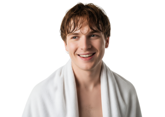 Smiling young man with wet brown hair and a white towel after a refreshing shower