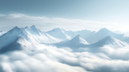 Snow Covered Mountain Peaks Emerging Through Clouds on a Sunny Day