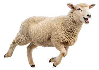 Fototapeta premium A sheep with white wool running with its mouth open on a black isolated background in full view