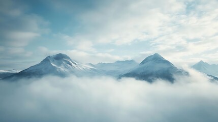 Snowy Mountain Peaks Emerging Through Dense Cloud Cover Scenery