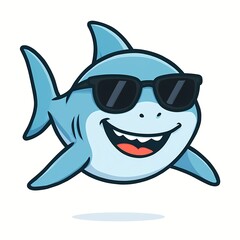 Naklejka premium Happy cartoon shark in sunglasses, funny smiling shark illustration isolated