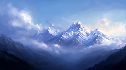 Majestic Snowy Mountain Peaks Emerging Through Mist Against a Blue Sky