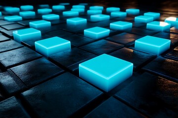 Illuminated Blue Cubes on Dark Surface Glowing Technology Background