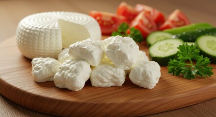 Fresh Cheese on Wooden Board with Vegetables, Tomatoes, Cucumbers, and Fresh Herbs in Bright Natural Lighting