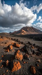 Dramatic Volcanic Landscape. Rugged Terrain,  Crimson Rocks,  Cumulus Cloudscape,  Arid Serenity.
