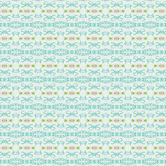 Playful turquoise and green repeating text and shapes with abstract eyes and symbols. Whimsical and fun. Textured, Typography, Playful, Pattern, Whimsical.