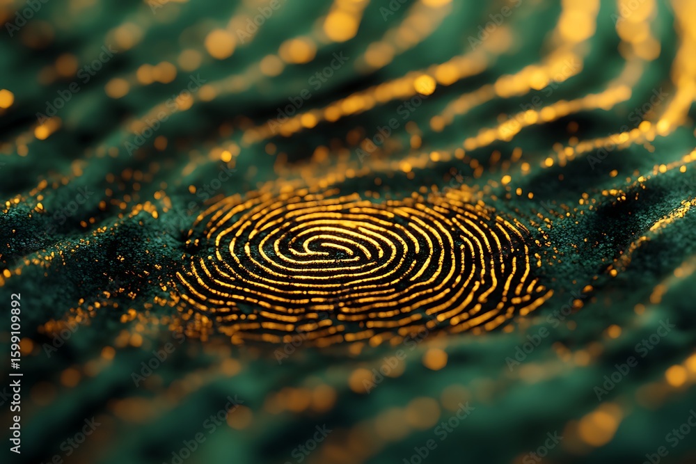Poster digital fingerprint scan with golden glowing lines on green surface for security and identity