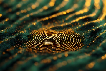 Digital fingerprint scan with golden glowing lines on green surface for security and identity