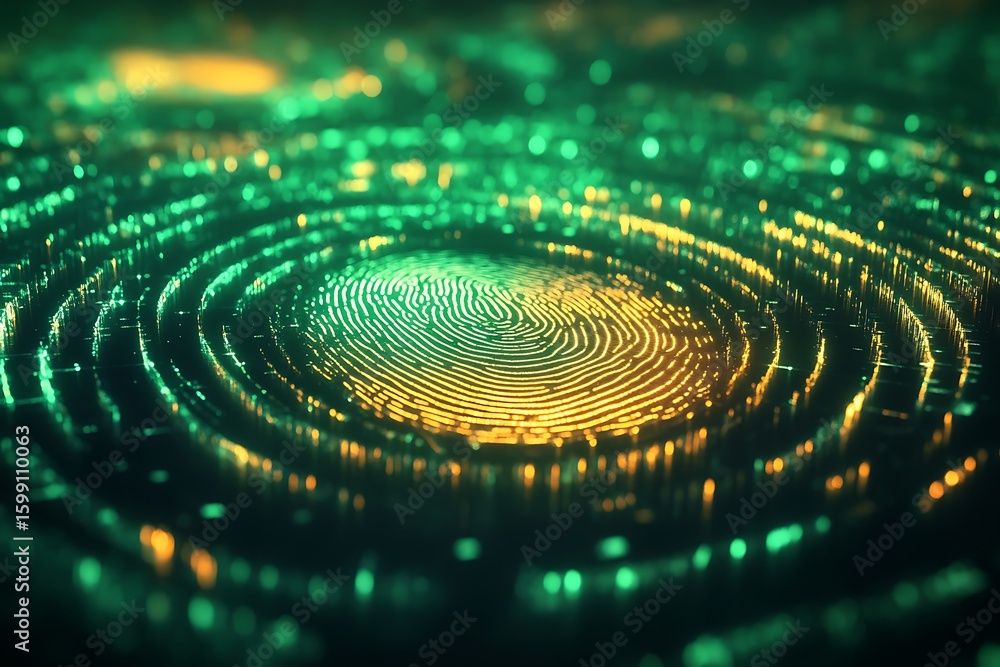 Poster futuristic fingerprint scan with glowing lines for biometric identification and security