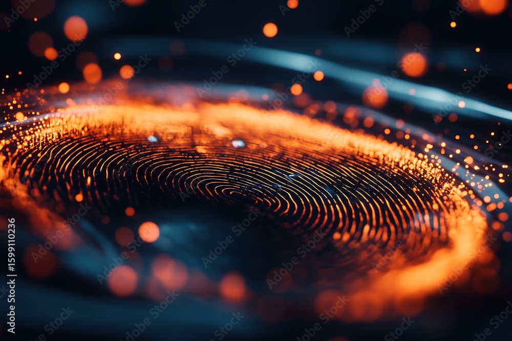 Poster digital fingerprint scan with glowing orange particles for biometric security technology