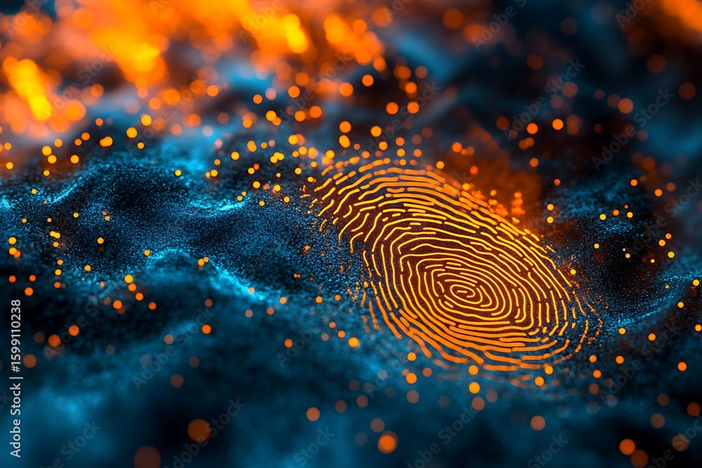 Poster abstract fingerprint technology background with orange and blue glowing particle design