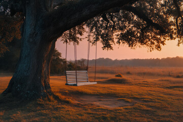 A nostalgic scene of an empty wooden swing under a large tree at sunset