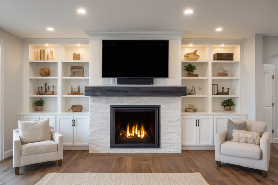 A cozy modern living room with a lit fireplace and built-in shelves