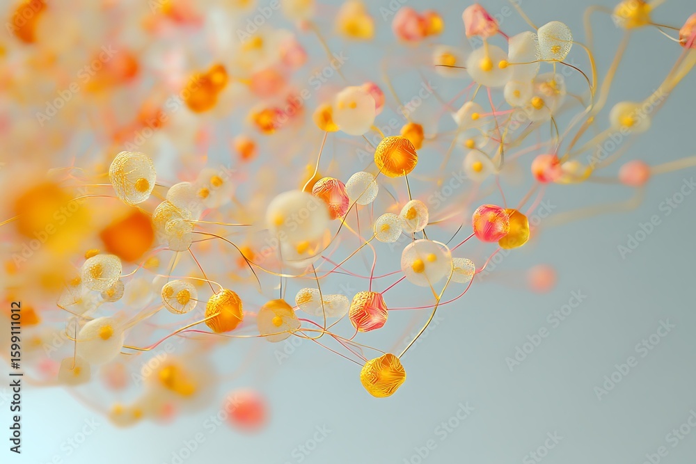 Poster abstract connected network nodes in orange and white for science and technology projects
