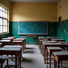 An abandoned classroom with empty desks and broken chalkboards, representing lack of access to education