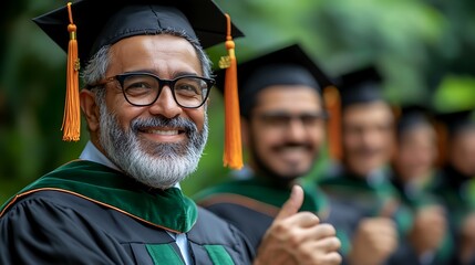 Smiling graduate giving a thumbs up at a graduation ceremony.