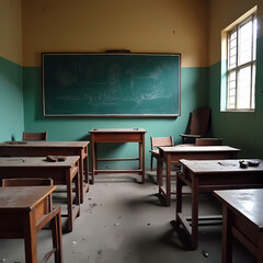 An abandoned classroom with empty desks and broken chalkboards, representing lack of access to education