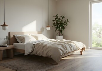 Minimalist Japandi Bedroom Interior with Wooden Bed, Soft White and Beige Linen, Indoor Plant, and Natural Morning Light in Clean Peaceful Cozy Space – Aesthetic Home Design