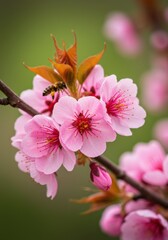 Obraz premium Pink Cherry Blossoms with Bee Closeup