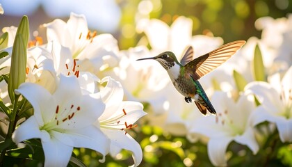 Fototapeta premium Hummingbird in flight, surrounded by white lilies. Sunlight highlights the delicate wings and blossoms