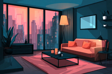 Fototapeta premium Stylish Living Room with Cityscape View at Dusk